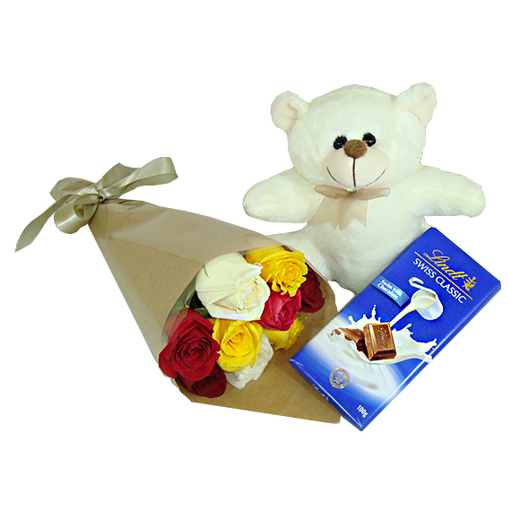 Urso Branco com Rosas e Lindt