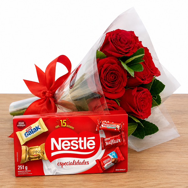Rosas Vermelhas com Bombons Sortidos