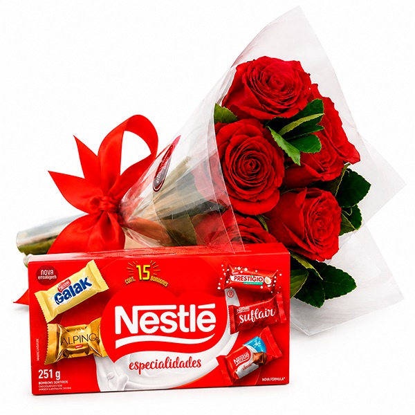 Rosas Vermelhas com Bombons Sortidos