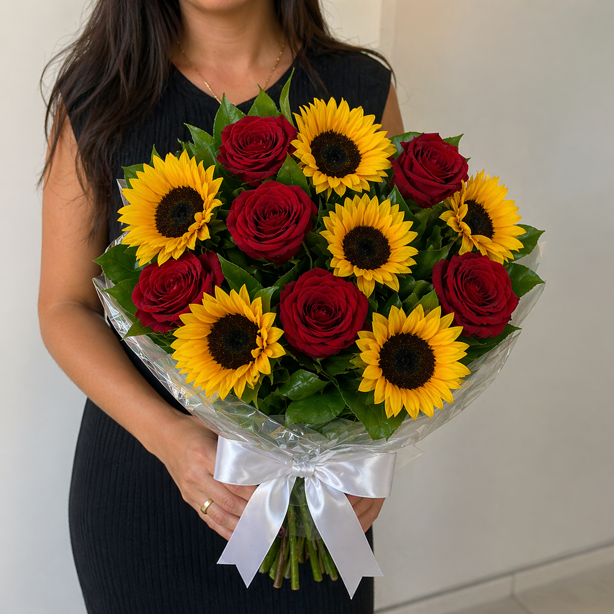 Buqu� Mix Girassol e Rosas Vermelhas