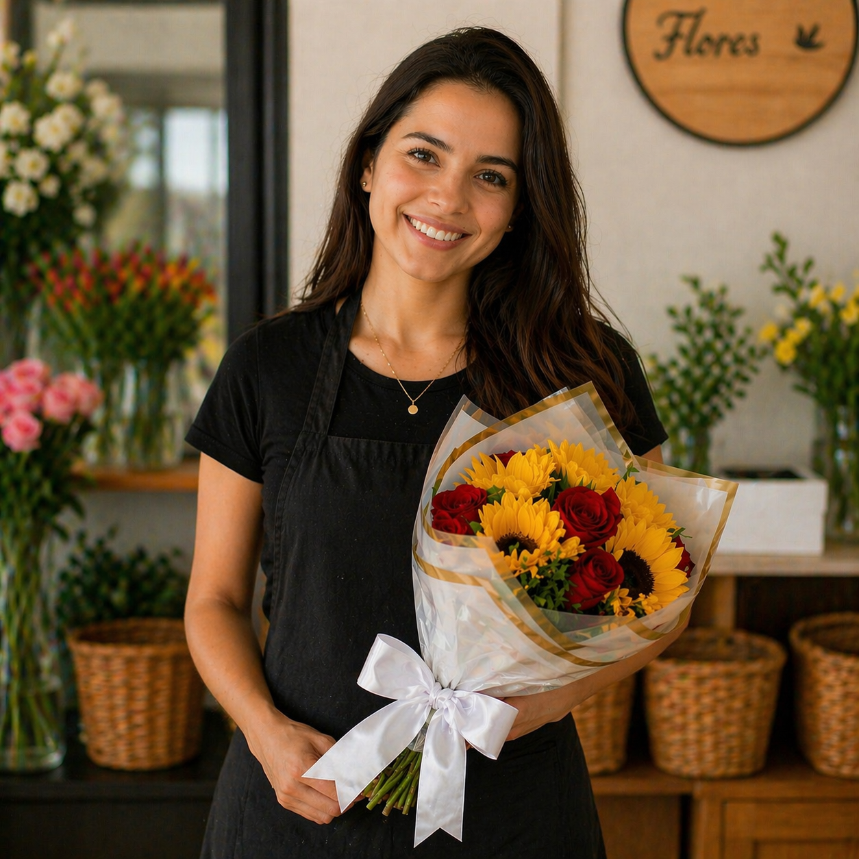 Buqu� Mix Girassol e Rosas Vermelhas