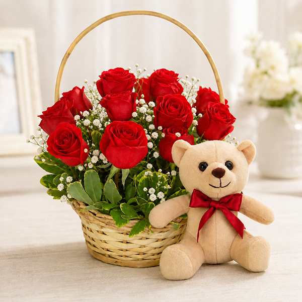 Cesta de Rosas Vermelhas com Pel�cia