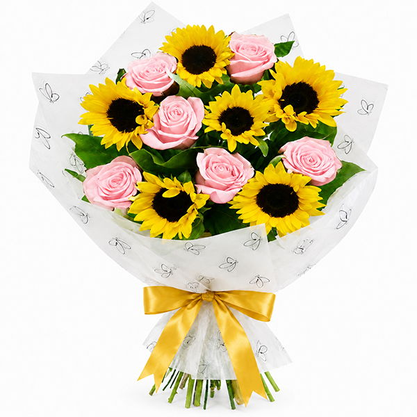 Buqu� Mix Girassol e Rosas Pink