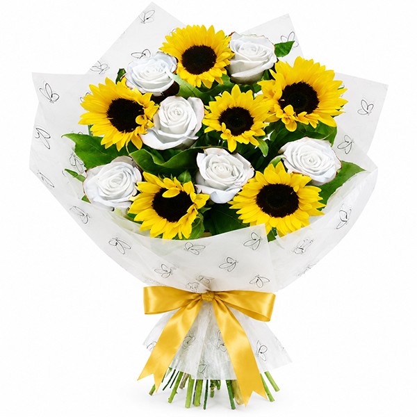 Buqu� Mix Girassol e Rosas Brancas