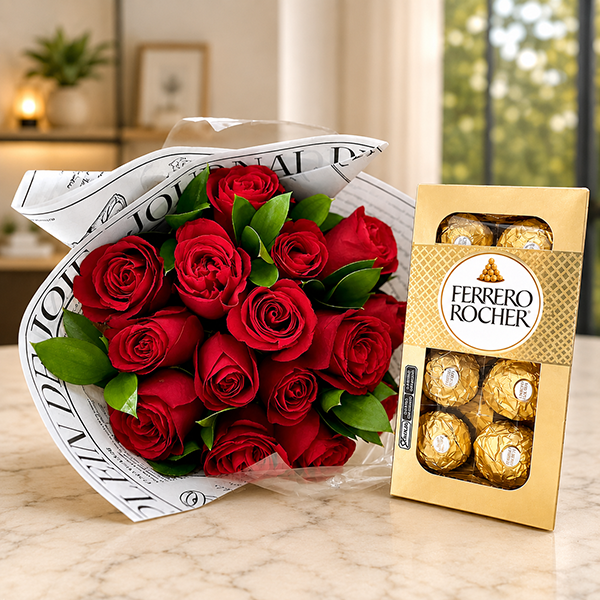 Buqu� com 15 Rosas e Ferrero