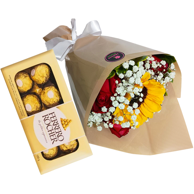 Buqu� com Rosas e Girassol com Ferrero