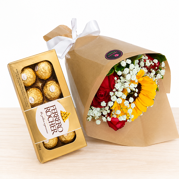 Buqu� com Rosas e Girassol com Ferrero