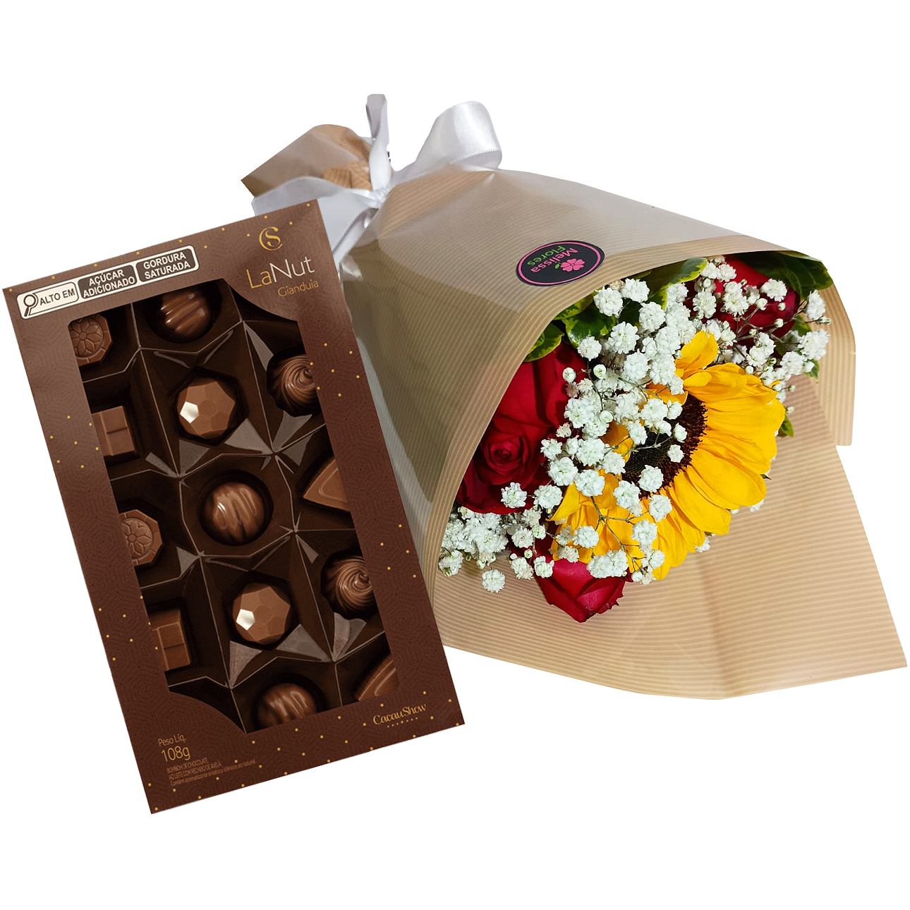 Buqu� com Rosas e Girassol e LaNut Cacau show