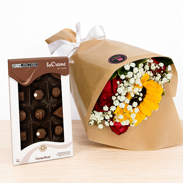 Buqu� com Rosas e Girassol e LaNut Cacau show