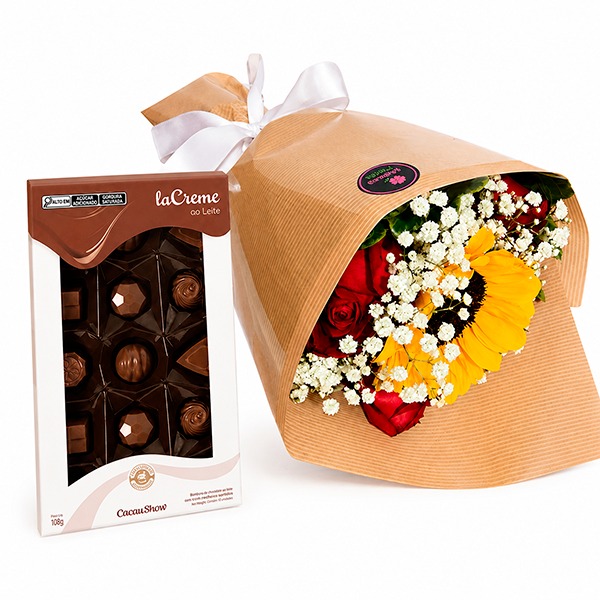 Buqu� com Rosas e Girassol e LaNut Cacau show