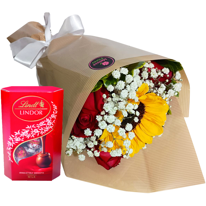 Buqu� com Rosas e Girassol e Lindt