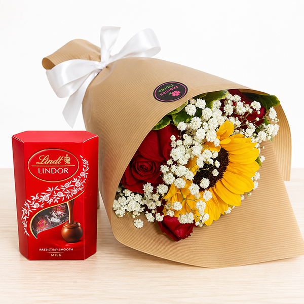 Buqu� com Rosas e Girassol e Lindt