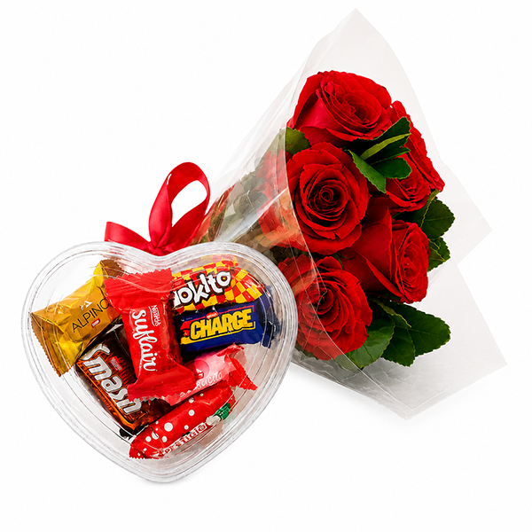 Buqu� de Rosas e Bombons Sortidos