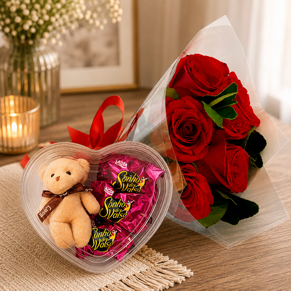 Arranjo com Rosas Pel�cia e Bombons