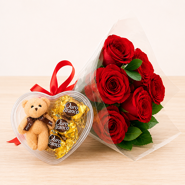 Arranjo com Rosas Pel�cia e Ouro Branco
