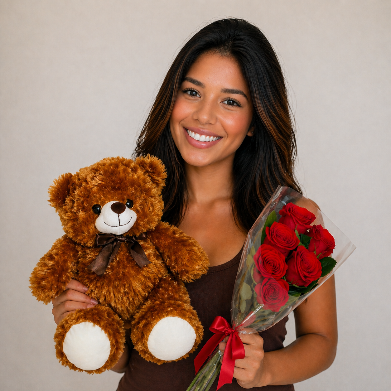 Buqu� de Rosas e Urso Caramelo
