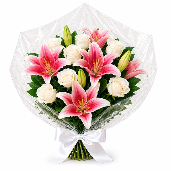 Buqu� de L�rios Rosado e Rosas Brancas