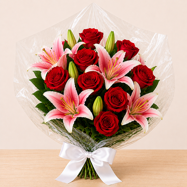Buqu� de L�rios Rosados e Rosas Vermelhas
