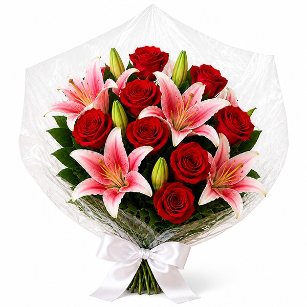 Buqu� de L�rios Rosados e Rosas Vermelhas