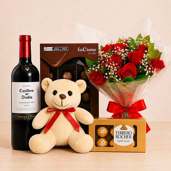 Kit Amor Premium com Rosas, Vinho, Pel�cia e Chocolates