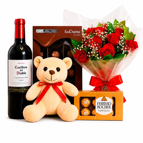 Kit Amor Premium com Rosas, Vinho, Pel�cia e Chocolates