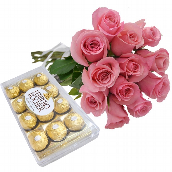 12 Rosas Cor de Rosa e Chocolate