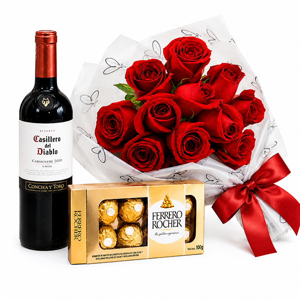 Kit Amor com Rosas, Vinho e Ferrero