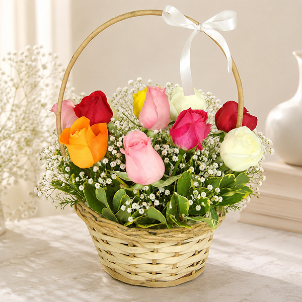 Cesta de Rosas Coloridas